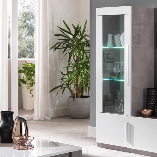 Breta Display Cabinet In Grey Marble Effect White Gloss And LED