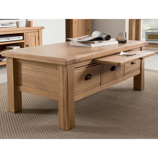 Brex Wooden Coffee Table With 3 Drawers In Natural thumbnail