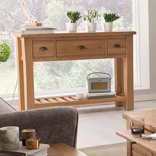 Brex Wooden Console Table With 3 Drawers In Natural thumbnail