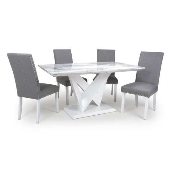 Brezza Gloss Medium Dining Table 4 Silver Grey Chairs White Legs