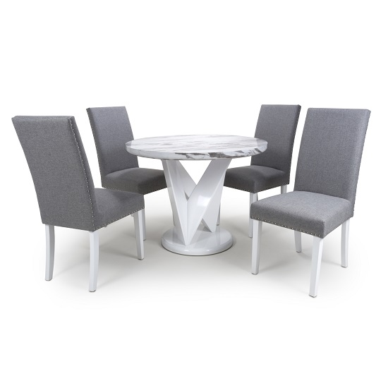 Brezza Round Marble Effect Dining Table With 4 Silver Grey Chairs