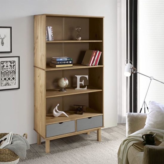 Read more about Bridie pinewood bookcase with 2 drawers in brown and grey
