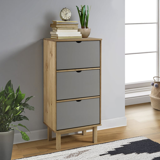 Photo of Bridie pinewood shoe storage cabinet with 3 drawers in brown grey