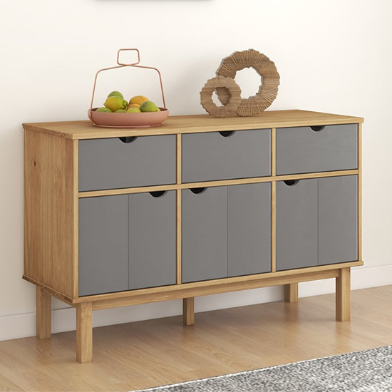 Photo of Bridie pinewood sideboard with 3 doors 3 drawers in brown grey