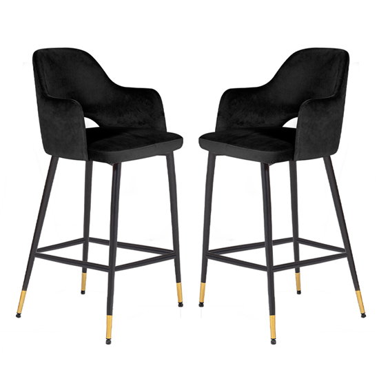Brietta Black Velvet Bar Chairs With Black Legs In Pair