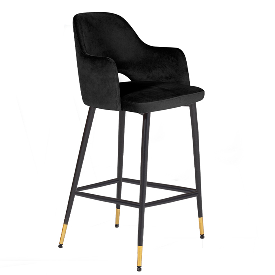 Brietta Velvet Bar Chair In Black With Black Metal Legs