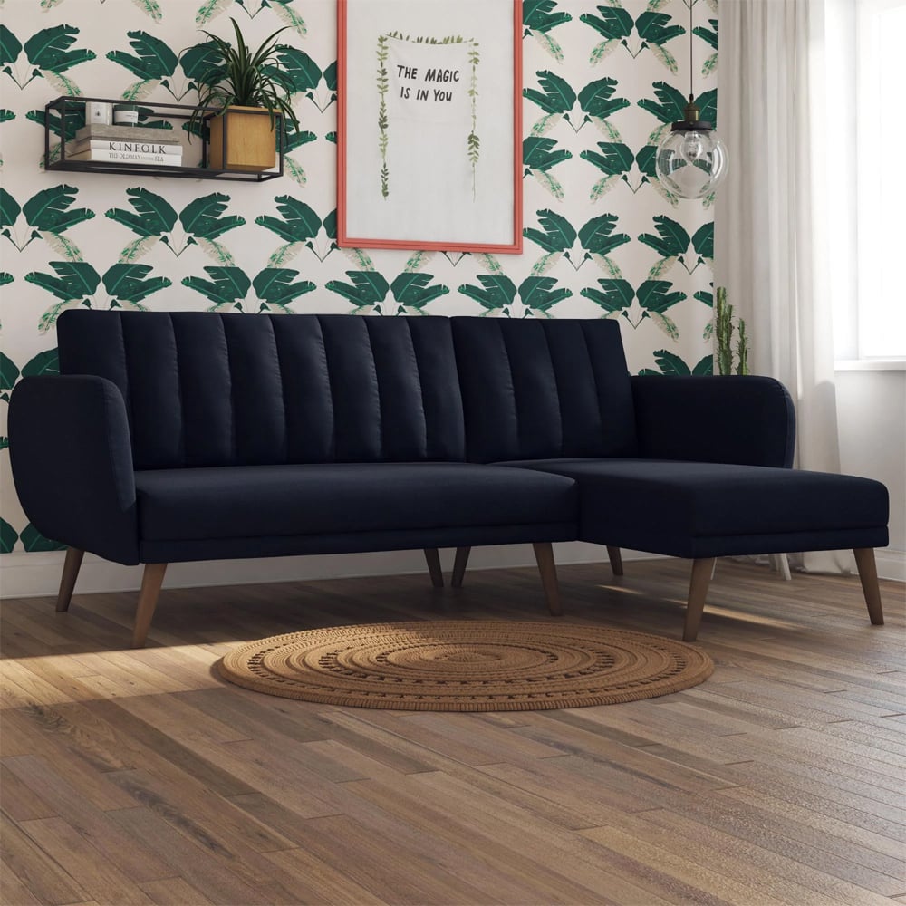 Brittan Fabric Corner Sofa Bed With Wooden Legs In Navy Blue