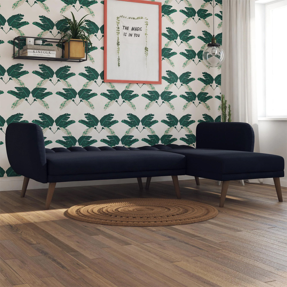 Brittan Fabric Corner Sofa Bed With Wooden Legs In Navy Blue