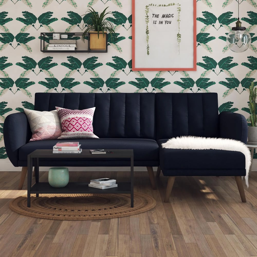 Brittan Fabric Corner Sofa Bed With Wooden Legs In Navy Blue