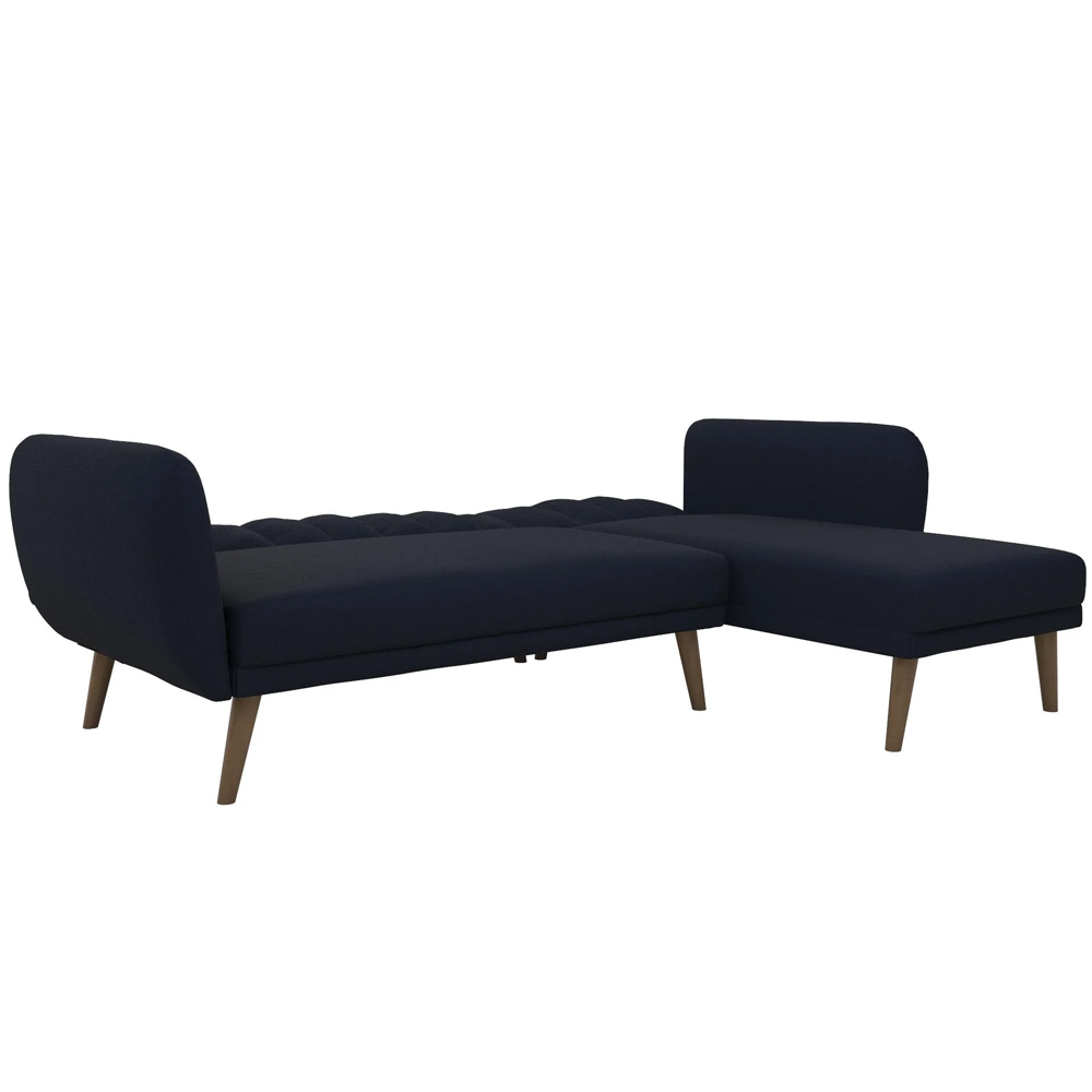Brittan Fabric Corner Sofa Bed With Wooden Legs In Navy Blue