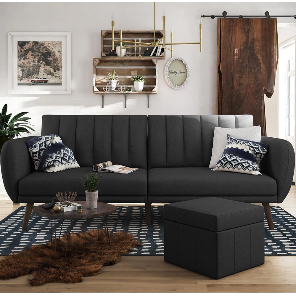 Brittan Fabric Sofa Bed With Wooden Legs In Dark Grey