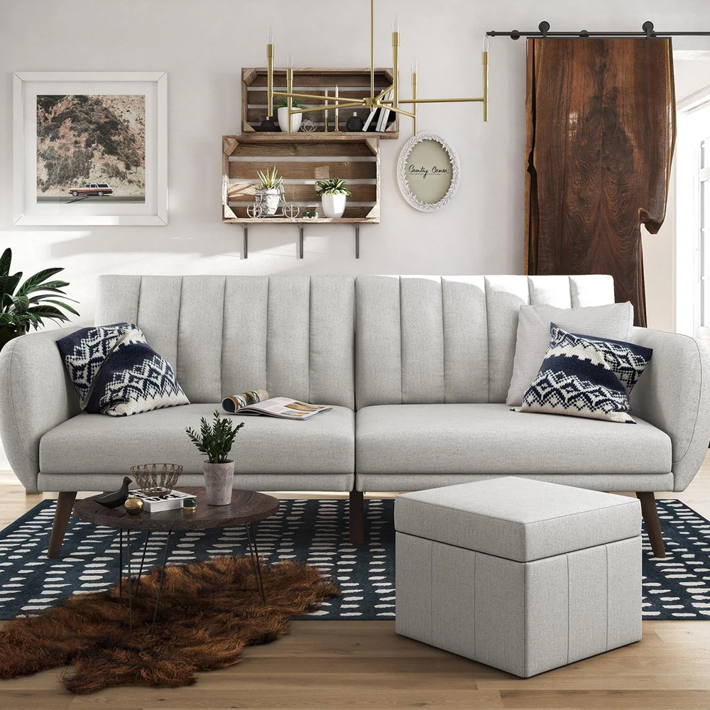 Brittan Fabric Sofa Bed With Wooden Legs In Light Grey