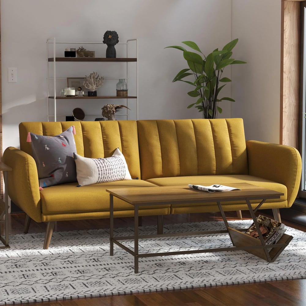 Brittan Fabric Sofa Bed With Wooden Legs In Mustard