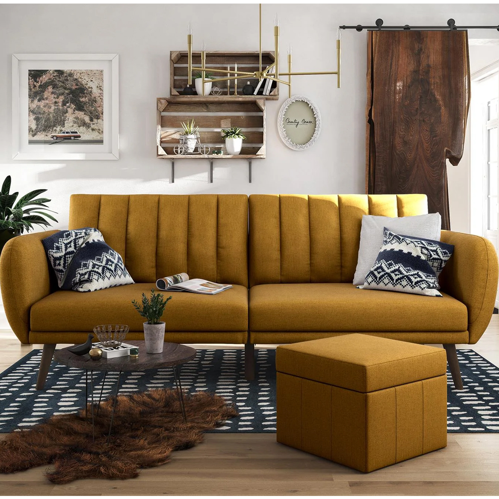 Brittan Fabric Sofa Bed With Wooden Legs In Mustard
