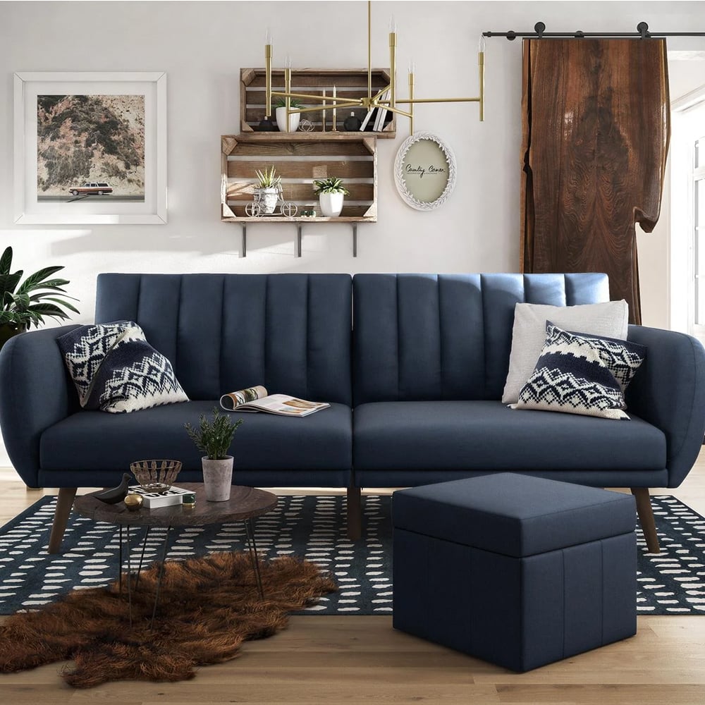 Brittan Fabric Sofa Bed With Wooden Legs In Navy Blue