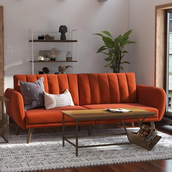 Photo of Brittan linen sofa bed with wooden legs in orange