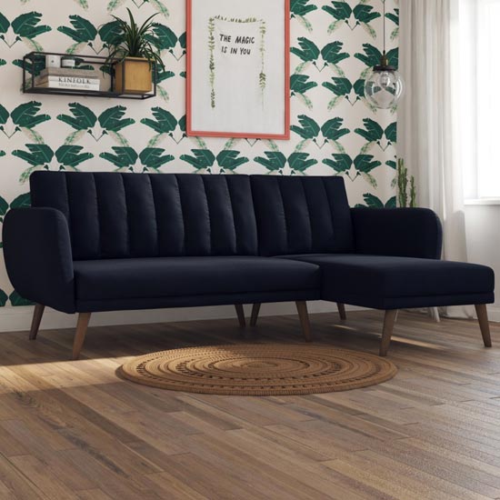 Necton Linen Sectional Sofa Bed In Navy Blue With Wooden Legs