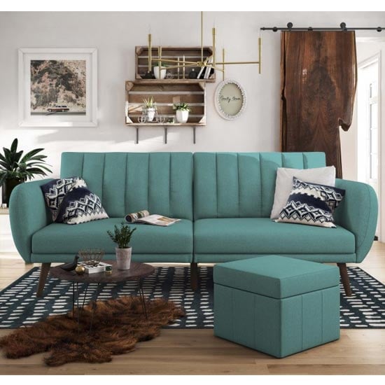 Necton Linen Sofa Bed In Light Blue With Wooden Legs