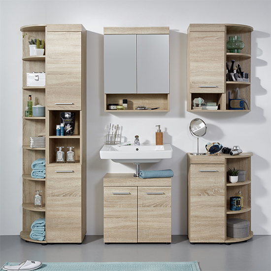 Britton Tall Bathroom Shelving Unit In Sagerau Light Oak | Furniture in Fashion