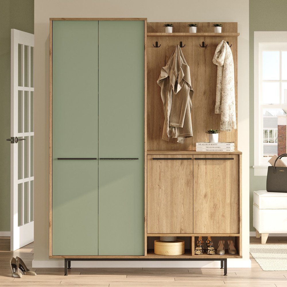Brivon Wooden Hallway Furniture with 2 Green Doors in Oak