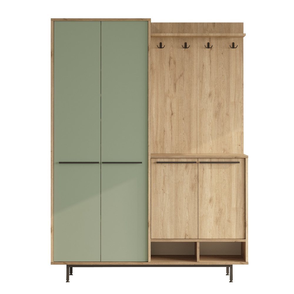 Brivon Wooden Hallway Furniture with 2 Green Doors in Oak