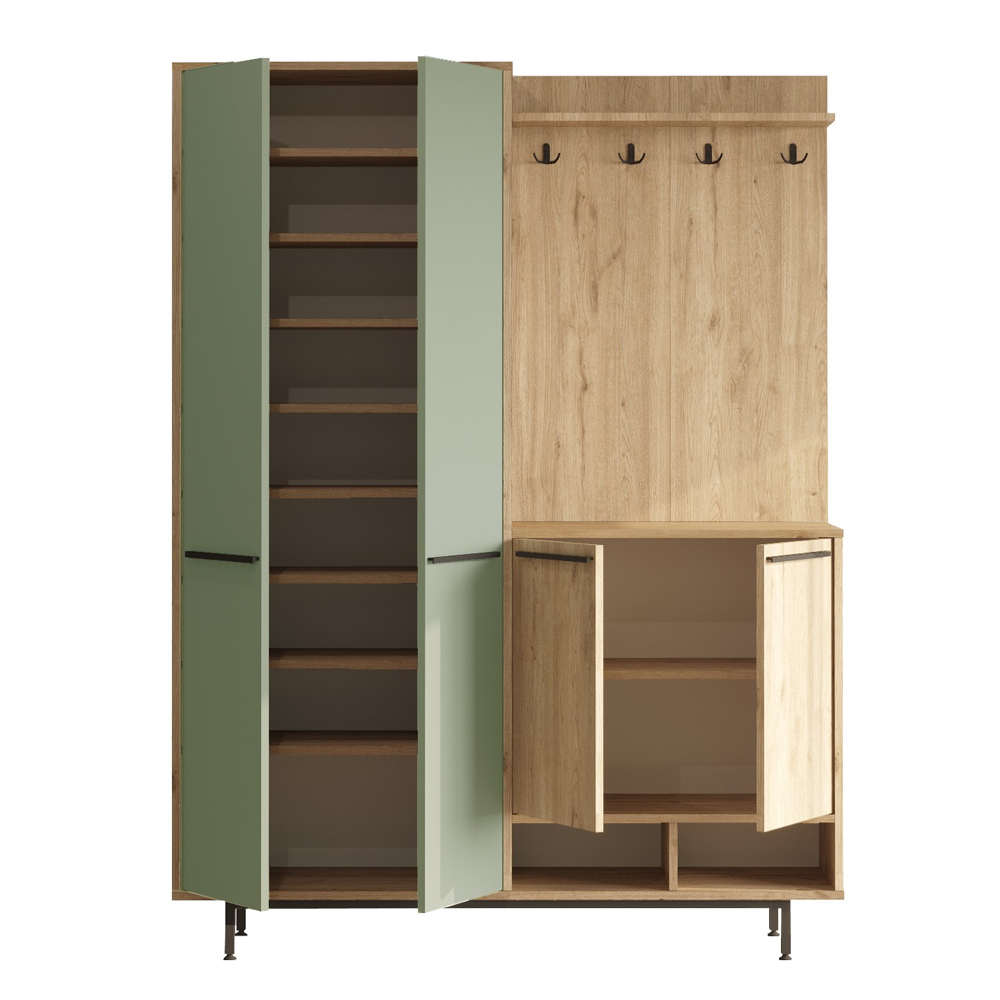 Brivon Wooden Hallway Furniture with 2 Green Doors in Oak