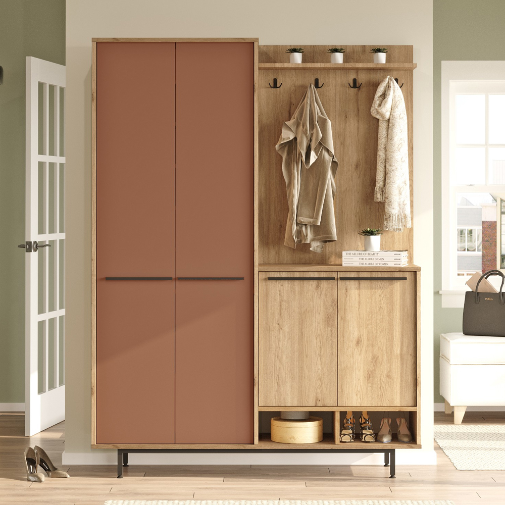 Brivon Wooden Hallway Furniture with 2 Red Tile Doors in Oak