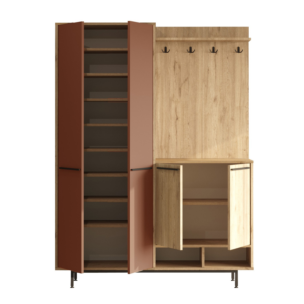 Brivon Wooden Hallway Furniture with 2 Red Tile Doors in Oak