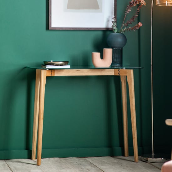 Brix Clear Glass Console Table With Natural Oak Base