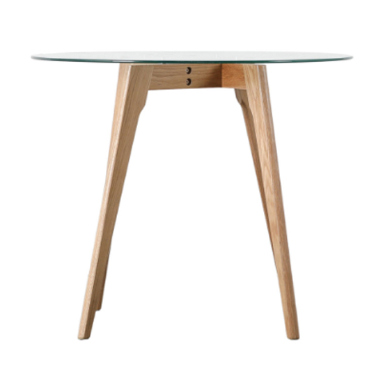 Brix Clear Glass Round Dining Table In Natural Oak Base