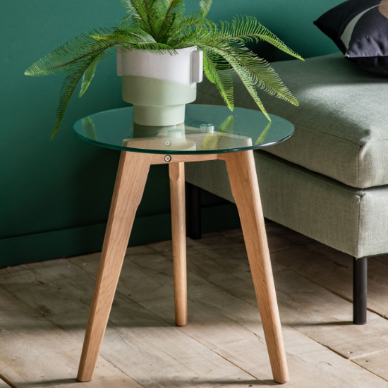 Read more about Brix clear glass round side table in natural oak base