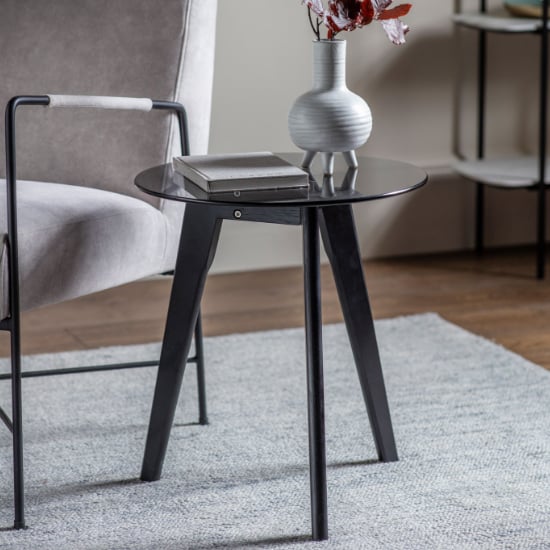 Product photograph of Brix Round Smoked Glass Side Table With Black Oak Base from Furniture in Fashion