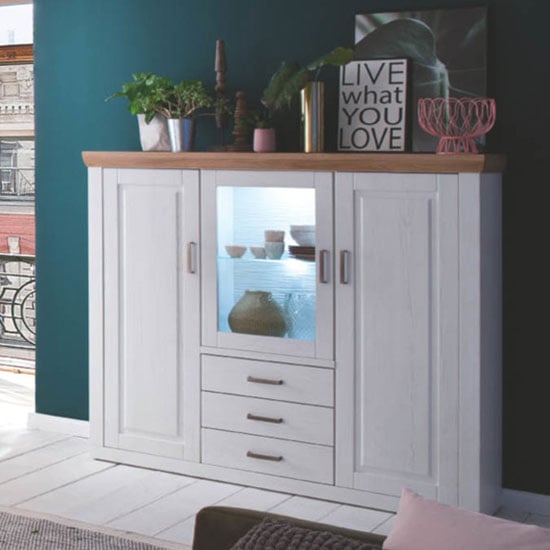 Brixen LED Highboard In Oak And White With 3 Doors 3 Drawers