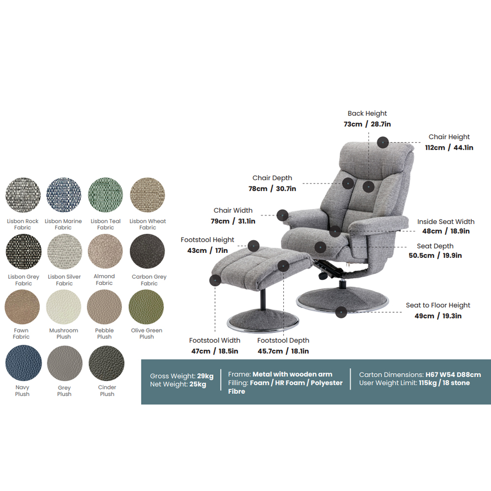 Brixton Fabric Swivel Recliner Chair with Footstool in Carbon Grey