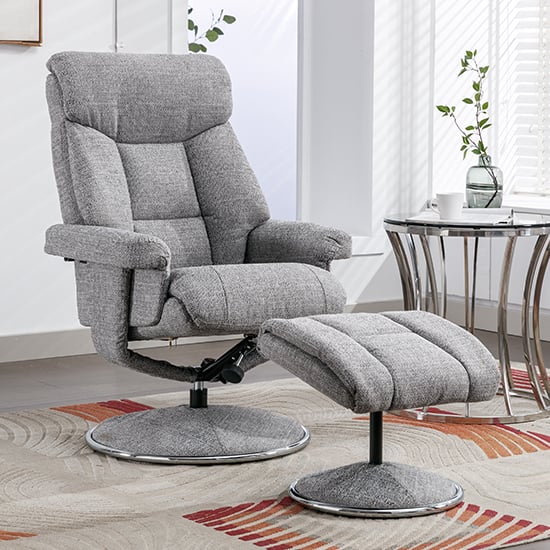 Brixton Fabric Swivel Recliner Chair And Stool In Lisbon Rock