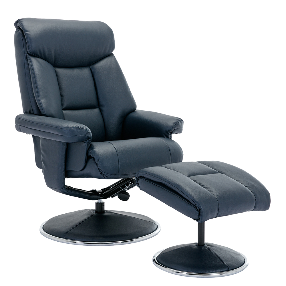 Brixton Faux Leather Recliner Chair With Stool In Navy