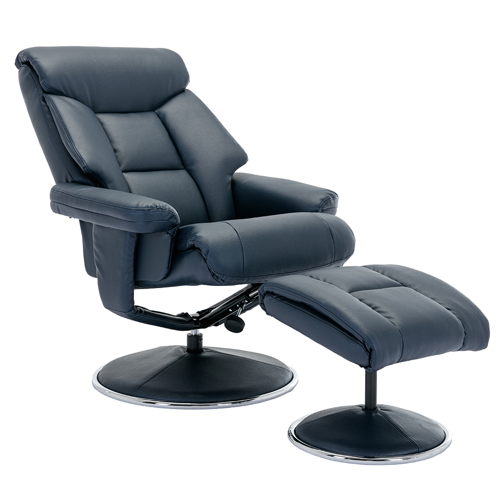 Brixton Faux Leather Recliner Chair With Stool In Navy