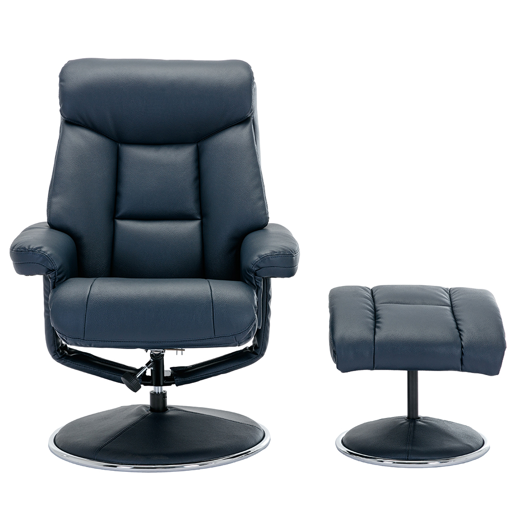 Brixton Faux Leather Recliner Chair With Stool In Navy