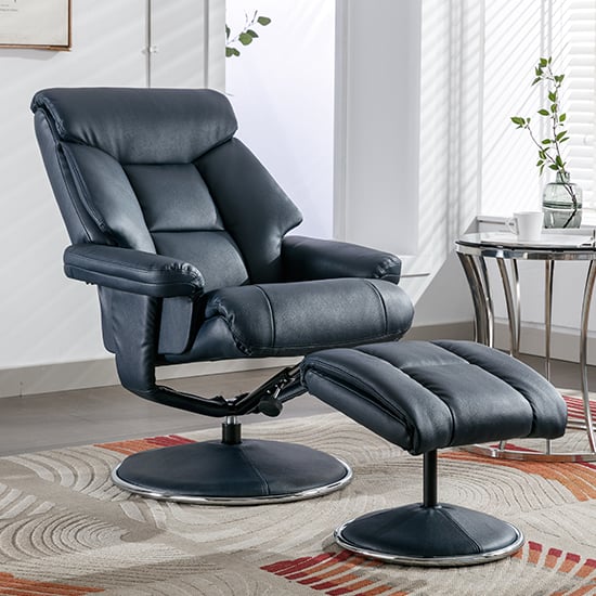 Product photograph of Brixton Plush Fabric Swivel Recliner Chair And Stool In Navy from Furniture in Fashion