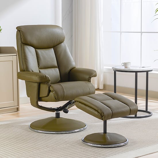 Brixton Plush Swivel Recliner Chair And Stool In Olive Green