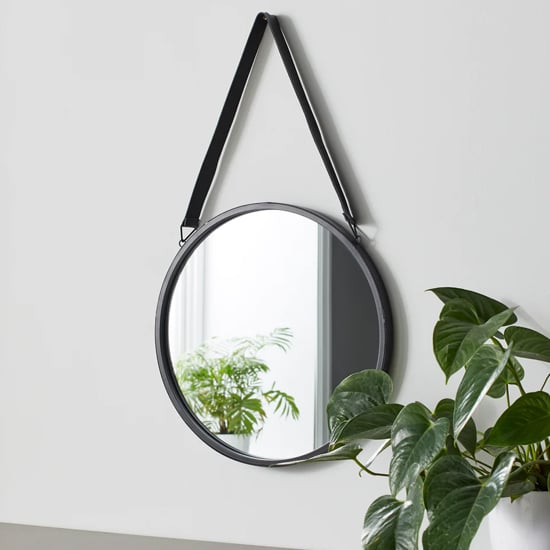 Bronx Round Wall Mirror With Leather Strap In Black Frame