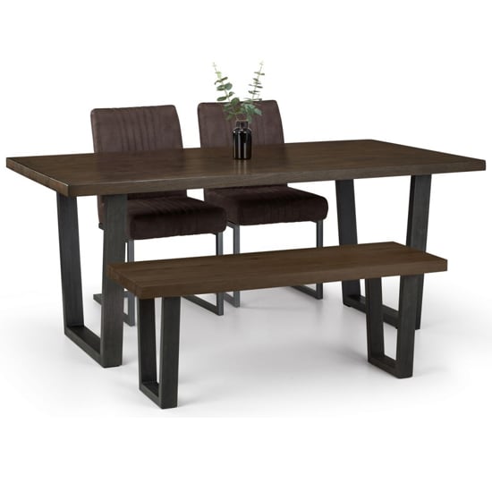 Barras Dark Oak Dining Table With Bench And 2 Grey Chairs