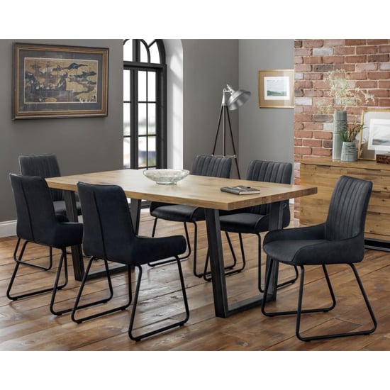 Barras Wooden Dining Table With 6 Sakaye Black Leather Chairs