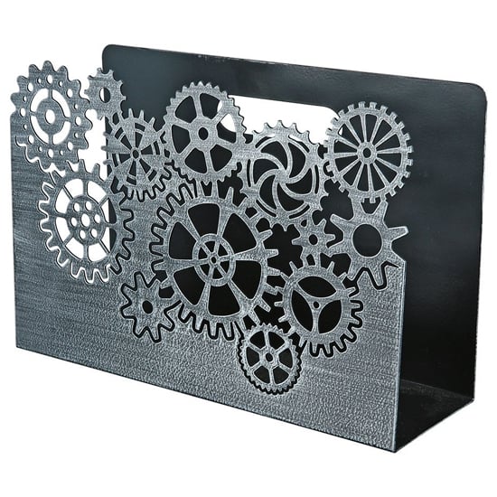 Product photograph of Brooklyn Metal Gear Wheels Magazine Rack In Silver from Furniture in Fashion