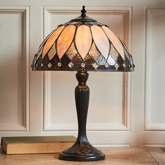 Read more about Brooklyn small tiffany glass table lamp in dark bronze
