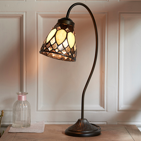 Photo of Brooklyn swan neck tiffany glass table lamp in dark bronze