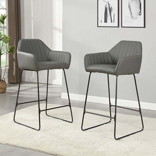 Product photograph of Brooks Grey Faux Leather Bar Chairs With Anthracite Legs In Pair from Furniture in Fashion