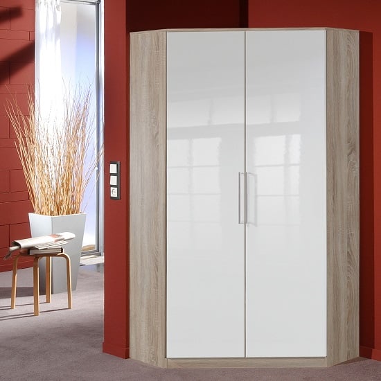 Read more about Bruce corner wardrobe in oak effect white high gloss fronts