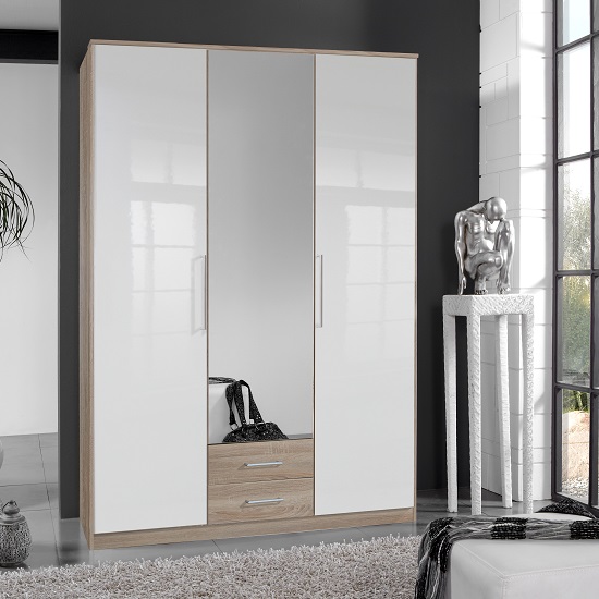 Read more about Bruce mirror wardrobe in oak effect and white high gloss fronts