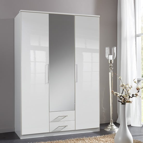 Bruce Mirror Wardrobe In White Gloss Fronts 3 Doors 2 Drawers